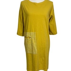 Gudrun Sjoden Dress Small Cotton Jersey Shift Pocket Dots Yellow Mustard Cream